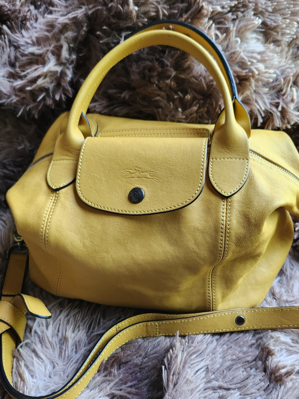 ​Longchamp Le Pliage Cuir Leather Handbag Cumin Yellow - Made in France - Medium